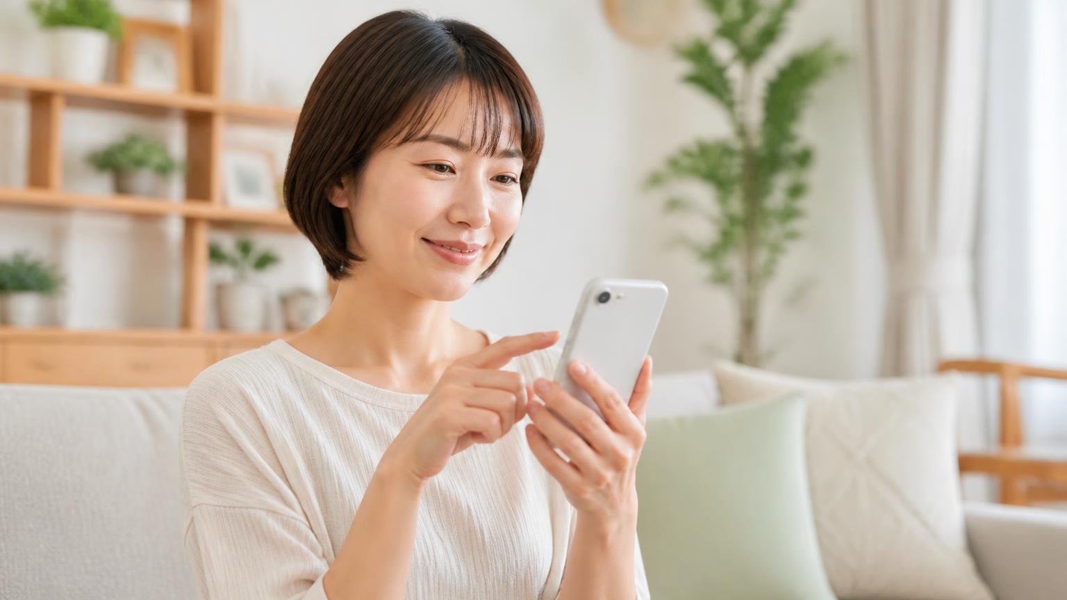 相見積もりの1社目に入れたい無料相談の窓口。自宅のリビングで女性1人がスマホで無料見積もりを申し込む