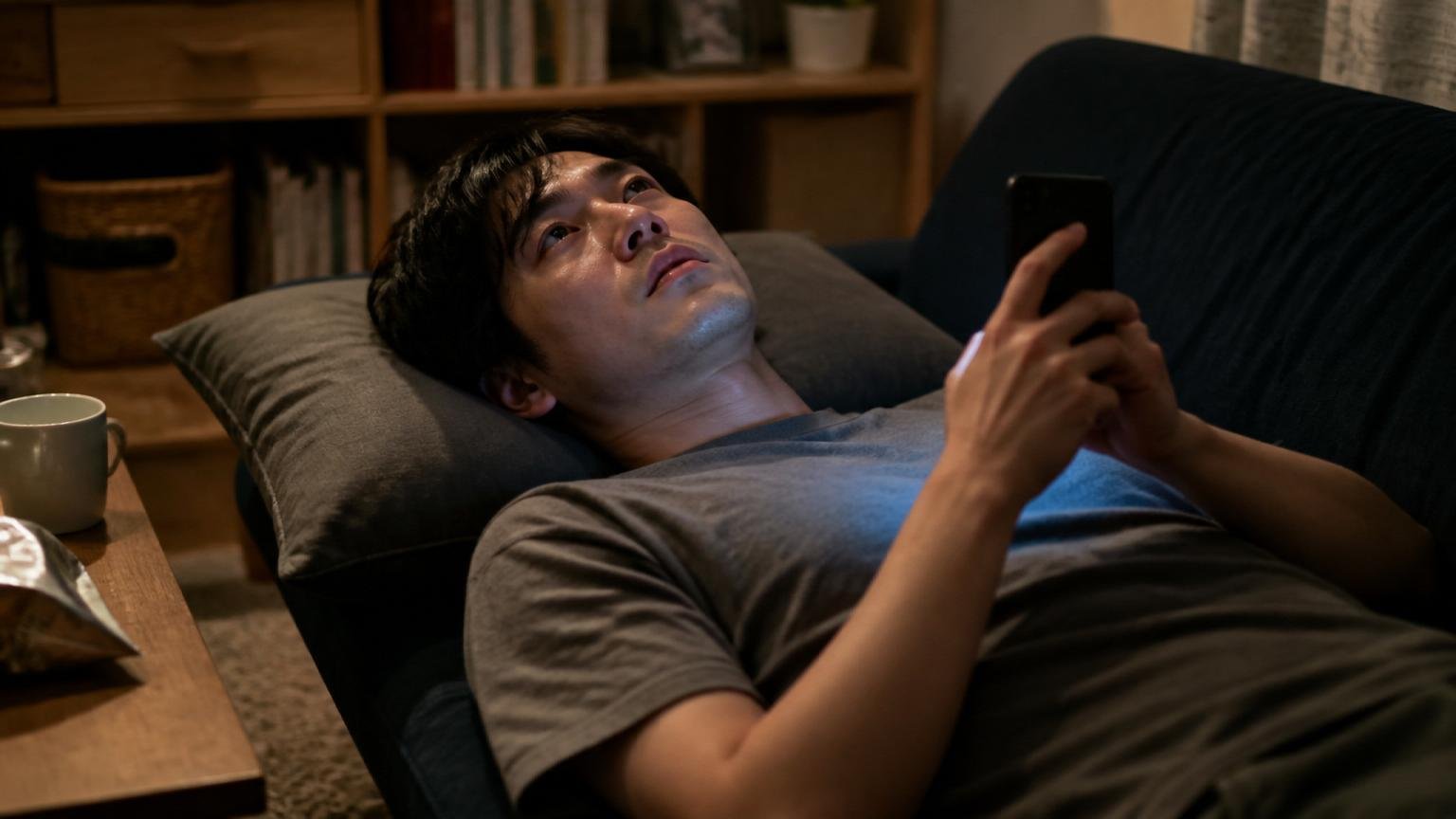 向いていないのはこんな人|深夜のリビングで天井を見上げスマホを握りしめる男性1人
