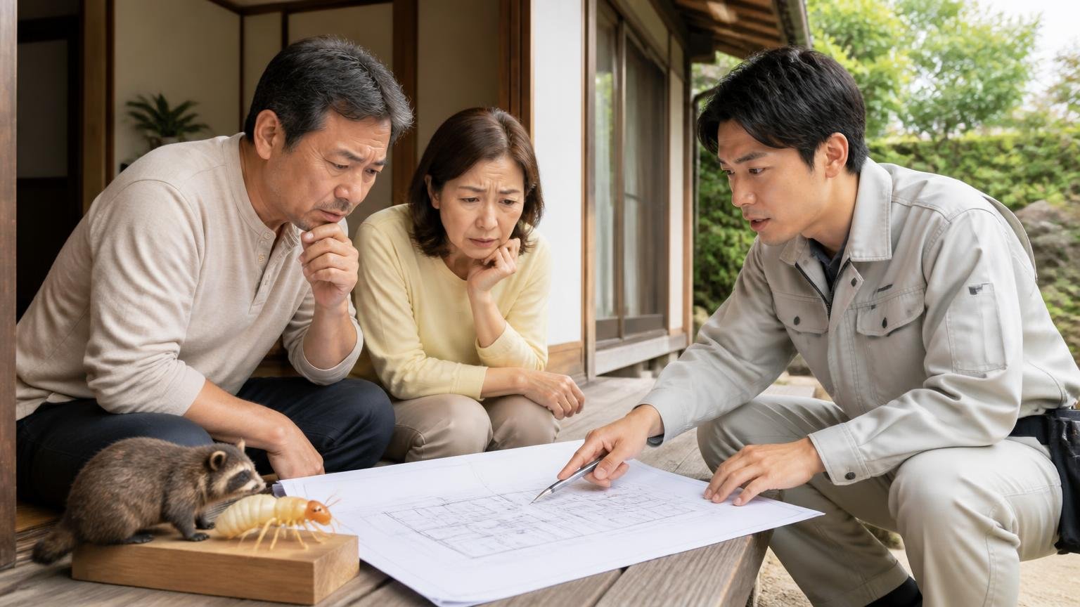 害獣とシロアリの両方を1社に相談する場面。住宅の縁側で住人2人と作業員1人が家の図面を広げて話し合う