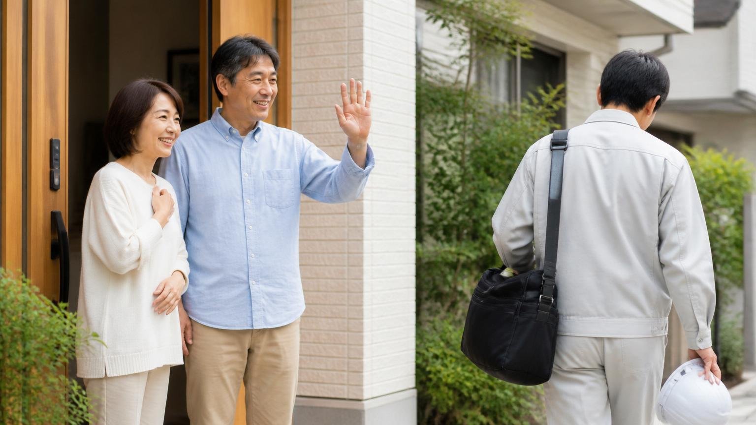 見積もりを取ることは契約ではない。玄関先で作業員1人を見送る住人夫婦2人が安堵の表情