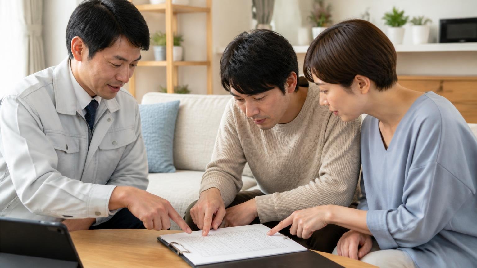 見積書の項目を指さして確認する場面。リビングで作業員と向かい合う夫婦2人が書面を指で追う