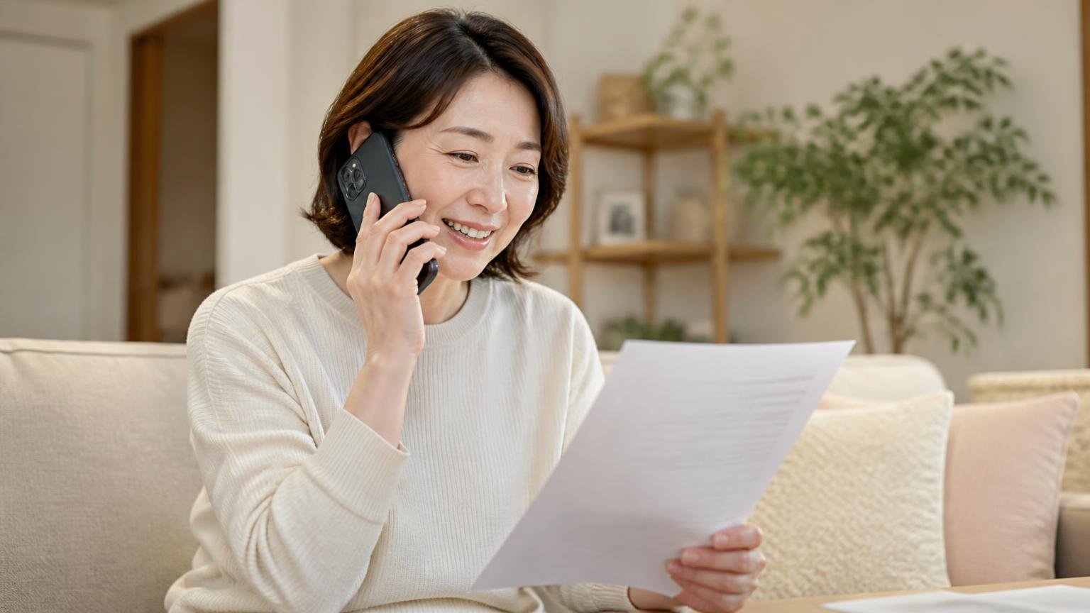 契約後でもまだ手はある 自宅のリビングで女性1人がスマホを耳に当て契約書を見ながら安堵の表情を見せる
