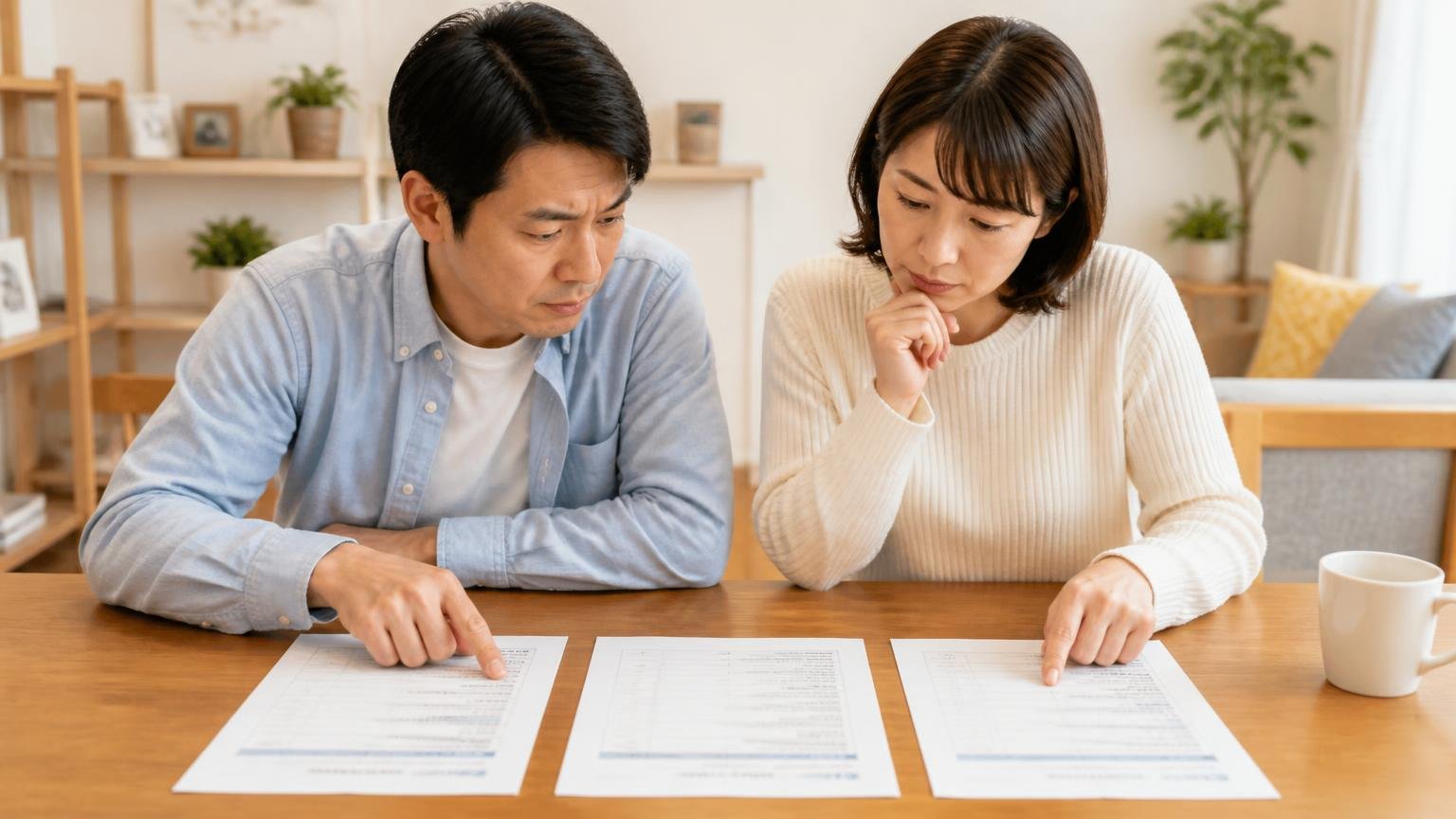 相見積もりは2〜3社で十分。ダイニングで3枚の見積書を並べた夫婦2人が指さして比べる