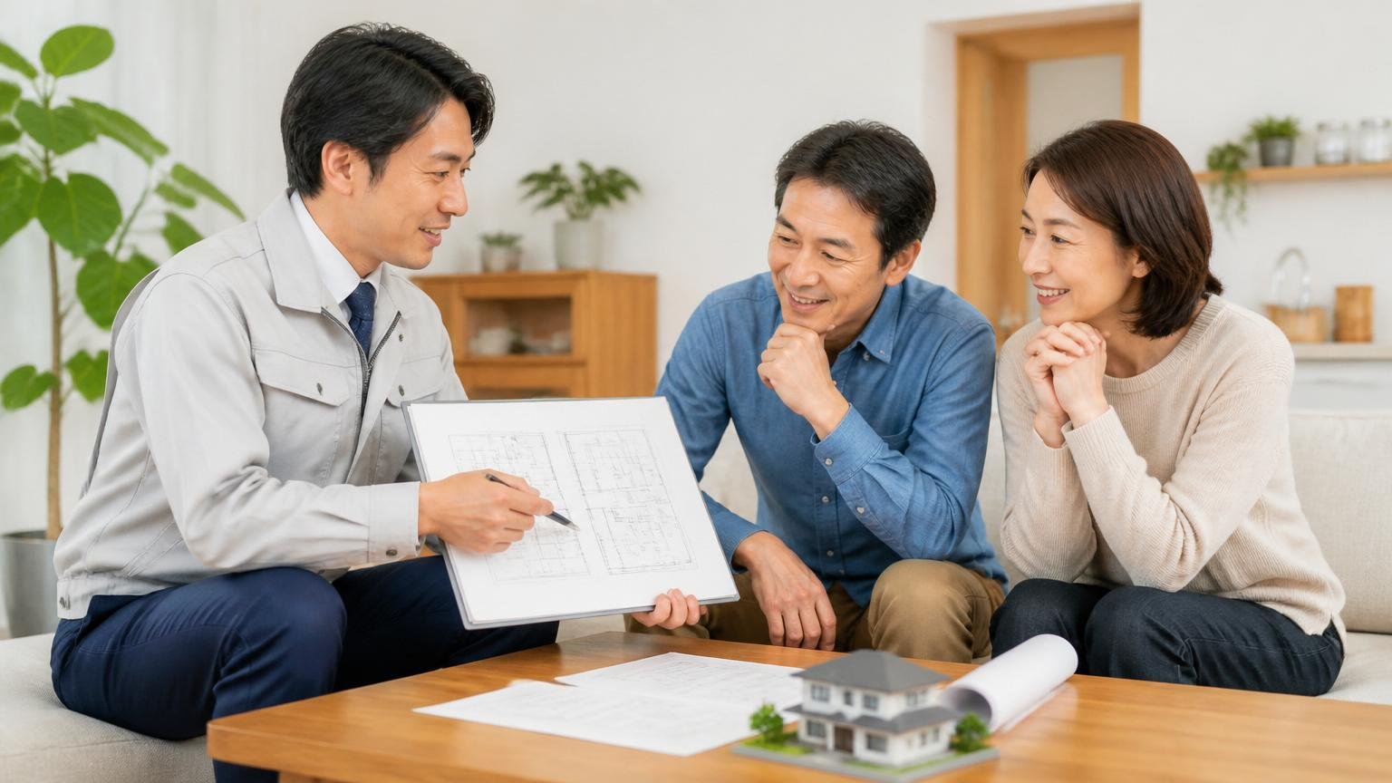 説明の丁寧さと施工品質を重視して選ぶ場面。住宅のリビングで作業員1人が図を描きながら住人2人に納得顔で説明する