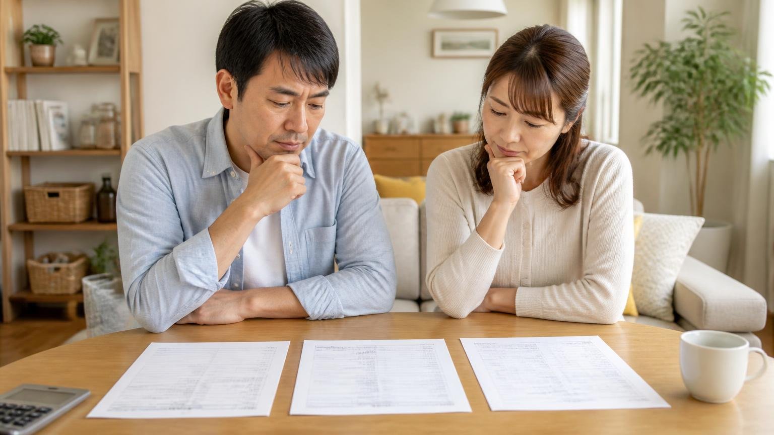 2〜3社を並べて判断する|リビングのテーブルに3枚の見積書を広げる夫婦2人