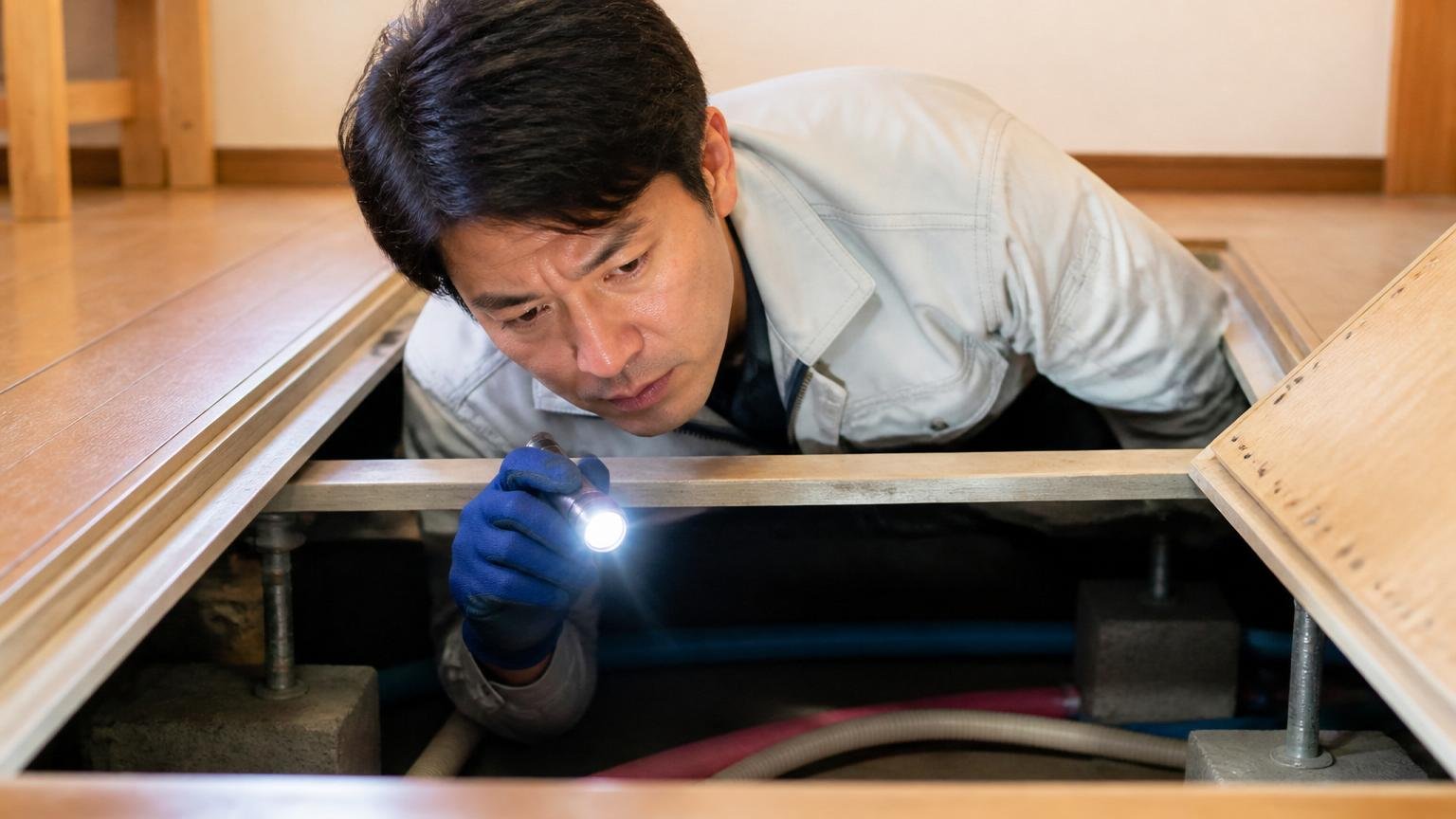 害獣とシロアリの見積もりは別の窓口でも構わない。住宅の床下点検口で作業員1人がライトを当てて確認する真剣な表情