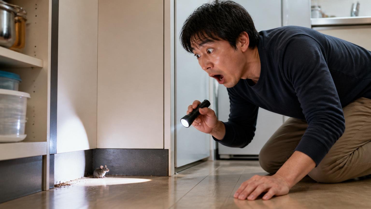 家ねずみ類には捕獲許可がいらない。台所の隅で懐中電灯を向ける30代男性が驚く