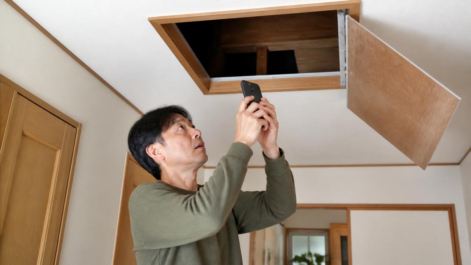 準備①被害の記録を残す写真と音の時間帯と場所 木造戸建ての天井裏点検口の下で住人1人がスマホで撮影する