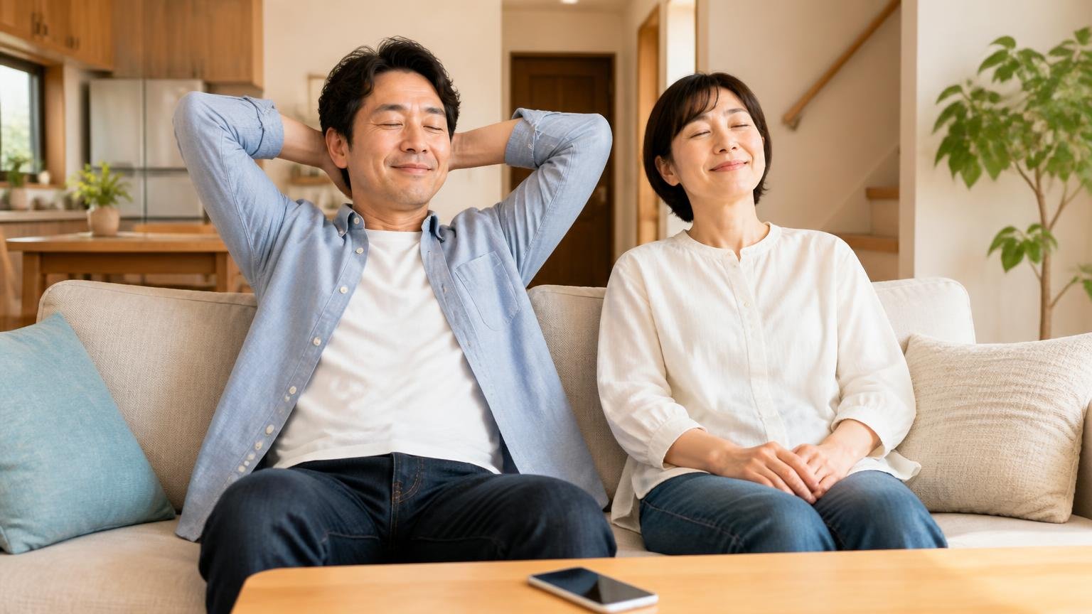無料見積もりを申し込み安心する場面 木造戸建てのリビングでスマホを置き息をつく夫婦2人 ほっとした穏やかな表情