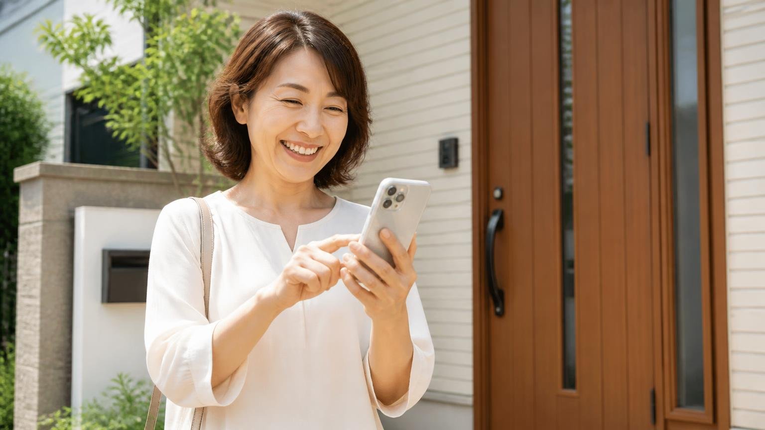 今日からできるいちばん確実な一歩 玄関前で笑顔でスマホから無料見積もりを申し込む女性1人
