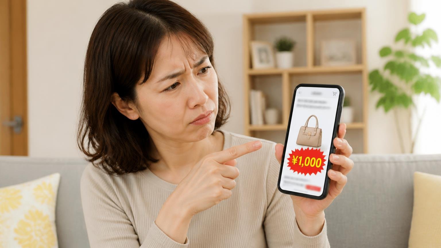 極端に安い表示価格を信じない。リビングでスマホの広告画面を見る女性1人が眉をひそめて画面を指さす