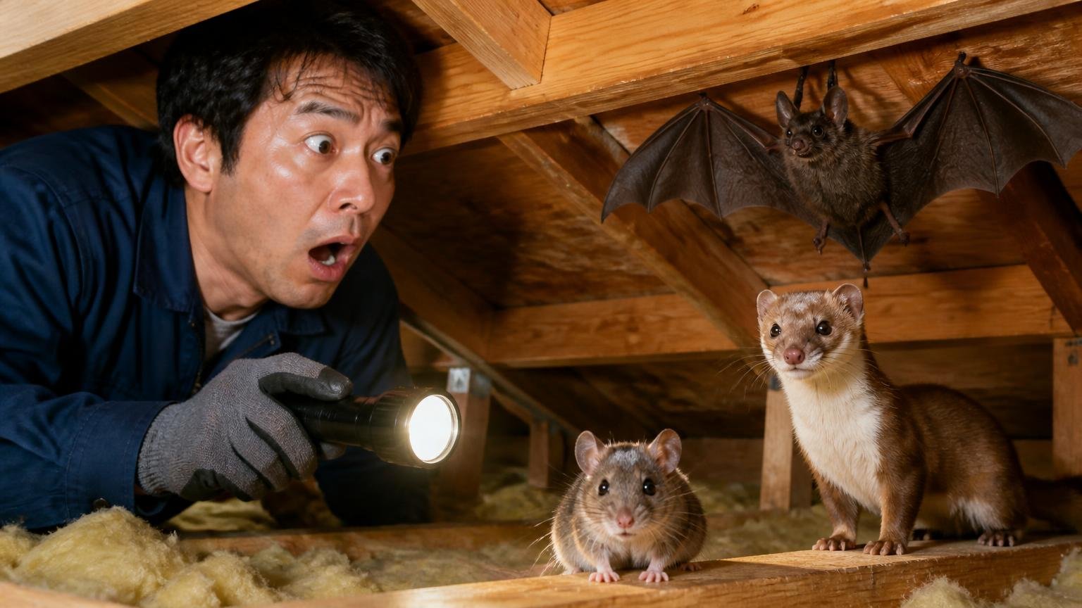 ネズミは自分で対処できるがイタチやコウモリは許可がいる。木造戸建ての天井裏を懐中電灯で照らす住人1人が驚く表情