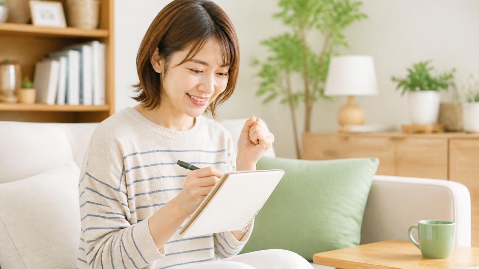 今日やることを3つに絞る。リビングのソファで女性1人がメモ帳に手順を書き出して表情が明るくなる