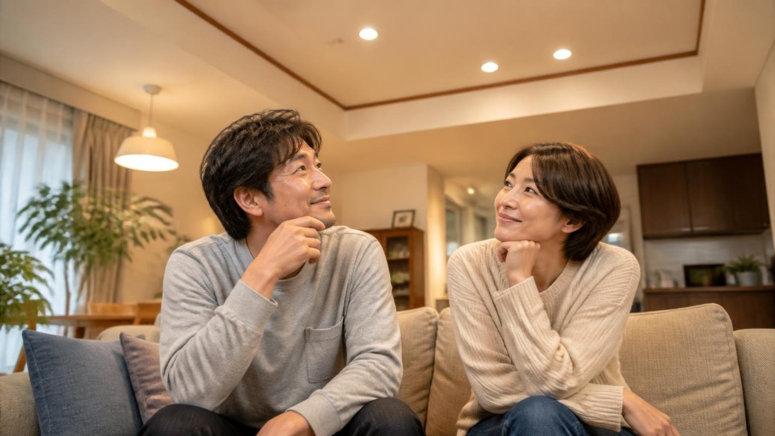 今日1社目の無料見積もりを取る。夜のリビングで天井を見上げた住人2人が穏やかな表情で顔を見合わせる