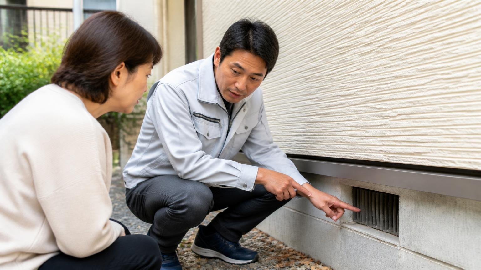 無料の現地調査から始める。家の外壁まわりで作業員1人が住人1人に侵入口を指さして説明する