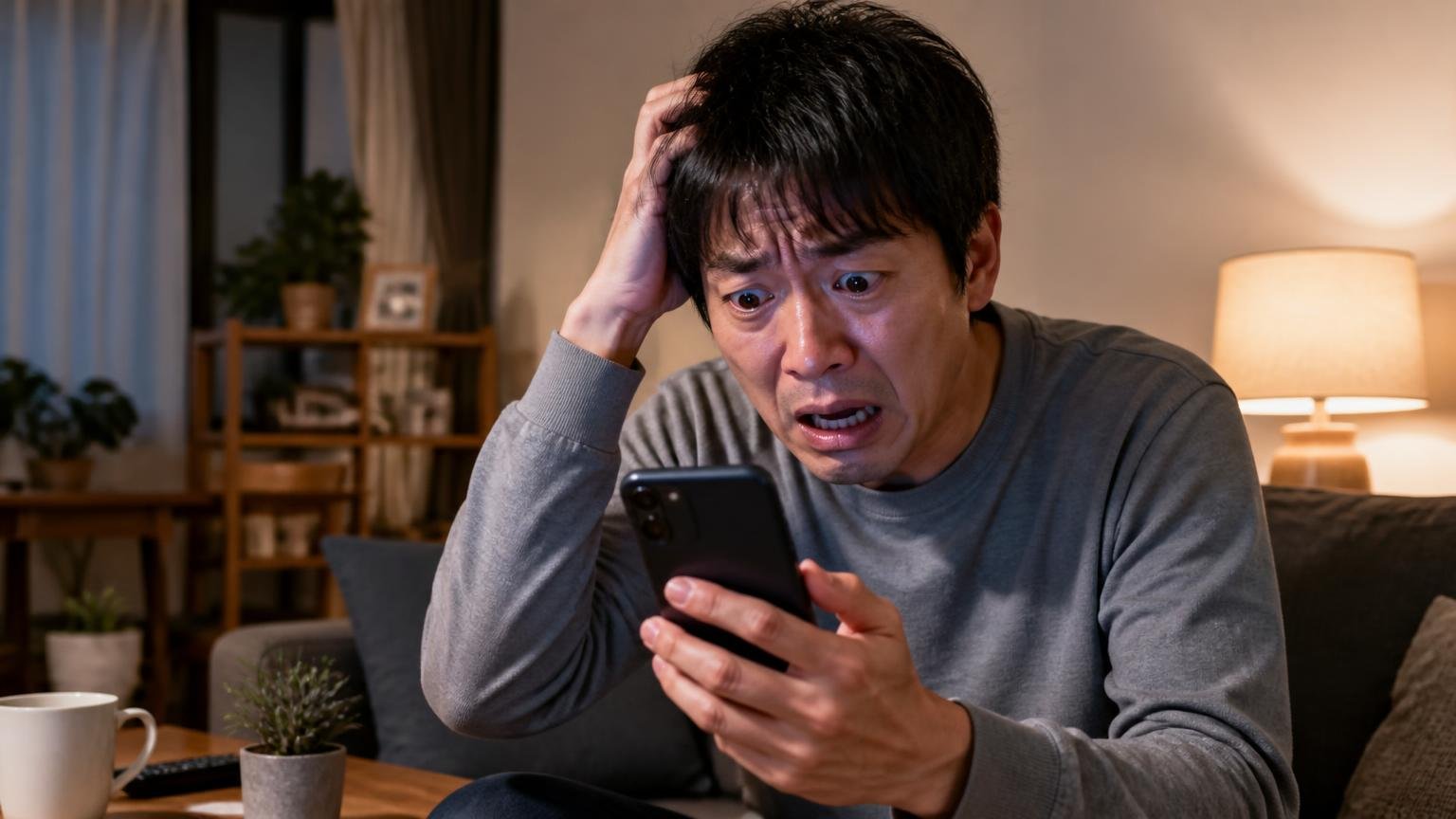 相談件数は5年で2.6倍何が起きているのか 夜のリビングでスマホの格安広告を見つめる 住人1人 焦った表情