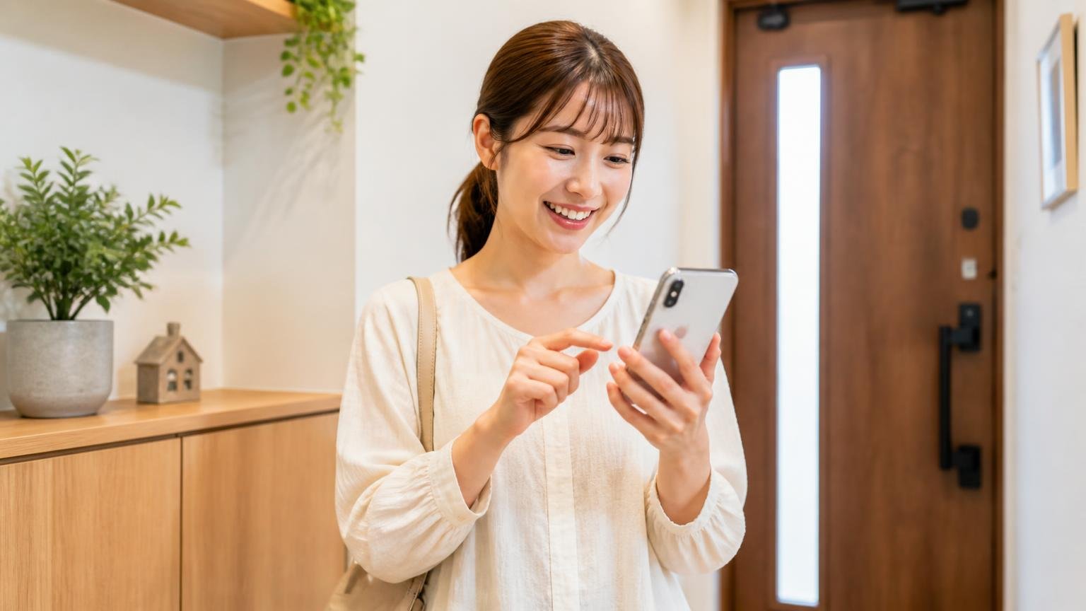 スマホで無料見積もりを申し込む。玄関の明るい室内でスマホを操作する30代女性が晴れやかな表情