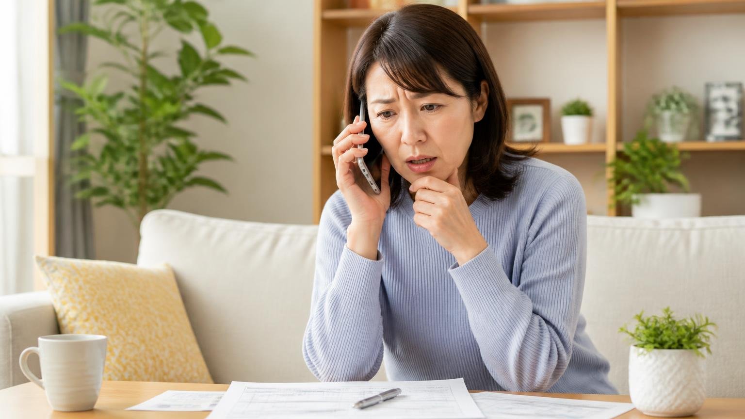 複数社に見積もりを依頼する場面。自宅のリビングでスマホを手に業者へ電話をかける40代女性1人