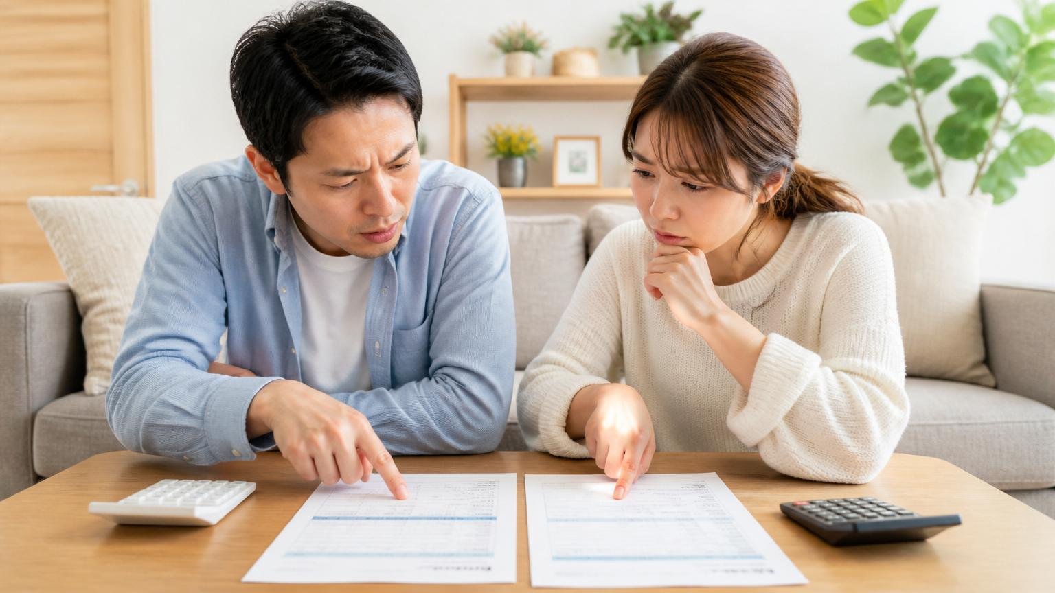 見積書で必ず確認すべき5項目|リビングで2社の見積書を並べて指さし比較する夫婦2人