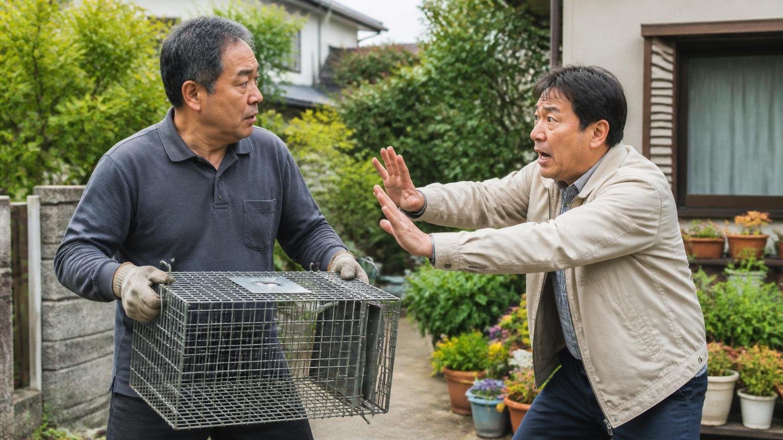 許可なく罠を仕掛けようとして止められる場面。庭先で箱わなを手にした住人を、隣人が慌てて制止する様子