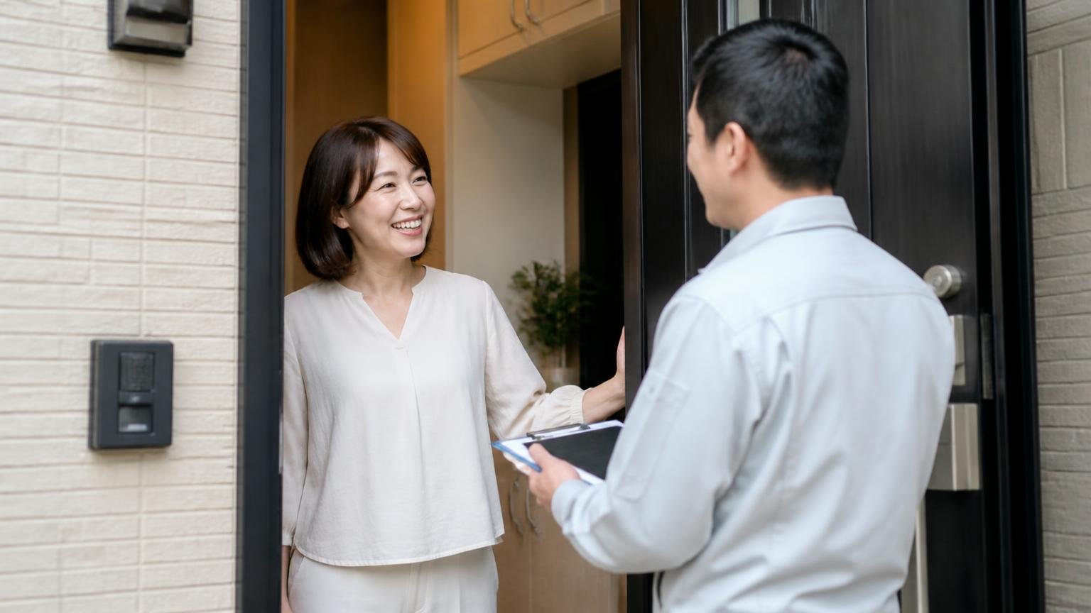 無料の現地調査を申し込む場面。玄関先で作業員を笑顔で迎え入れる40代女性1人と作業員1人