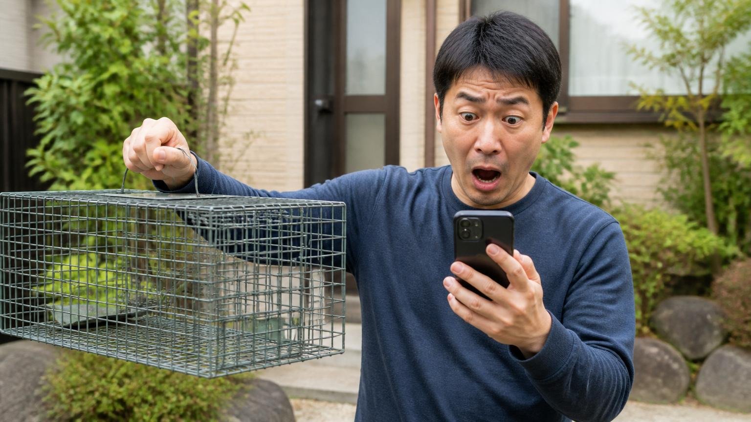 許可なく捕獲できない害獣について確認する場面。住宅の庭先で住人1人が捕獲用のカゴを手に持ちスマホで調べて驚く