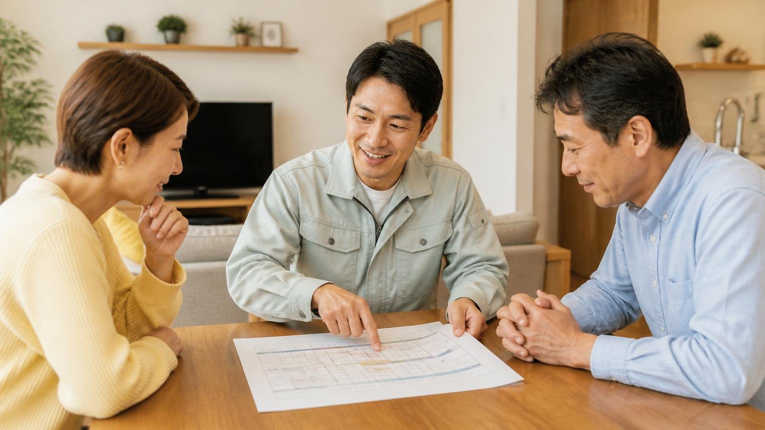 問い合わせから施工完了までの流れを確認する場面。戸建てのリビングで作業員と住人2人が予定表を見る様子