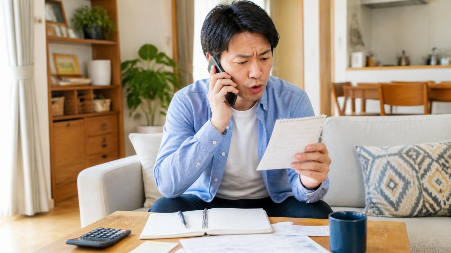 準備②同じ条件で複数社に伝える 木造戸建てのリビングで40代男性が1人スマホで電話しながら手書きメモを真剣に読み上げる
