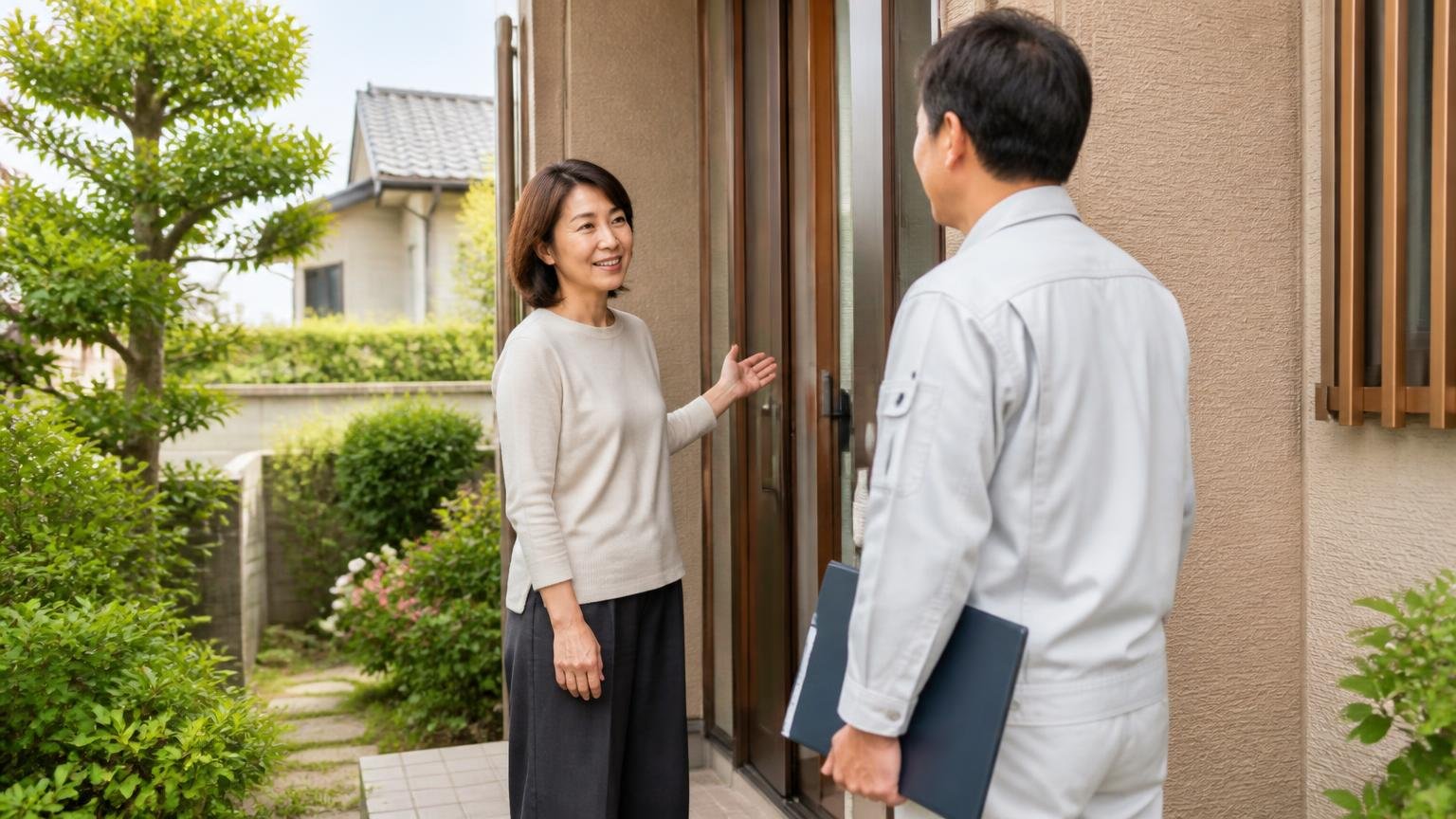 無料の現地調査を複数社から受ける。木造戸建ての庭先で住人の女性1人が作業員1人を招き入れて点検を頼む