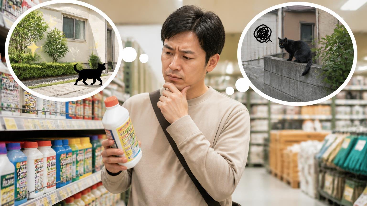 市販グッズが役に立つ場面と限界になる場面。ホームセンターの売り場で忌避剤を手に取る住人1人が悩む表情