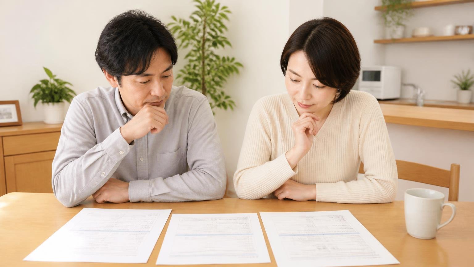 複数社から見積もりを取る前提で連絡するは国の推奨 住宅のダイニングテーブルで3社の見積書を広げる 夫婦2人 落ち着いて比較する表情