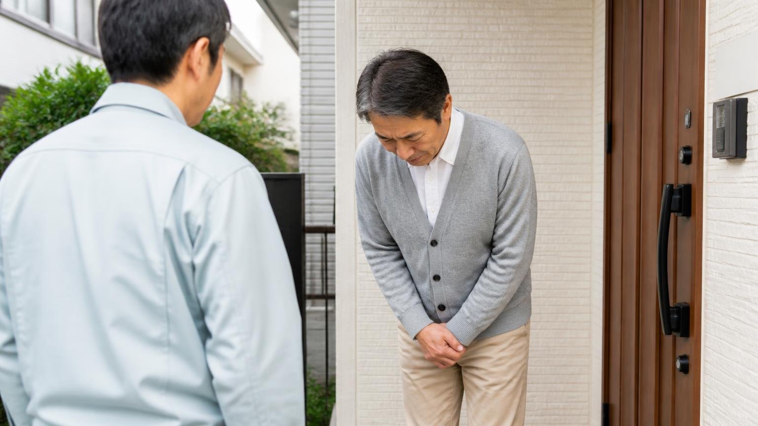 見積もりを断る場面。木造戸建ての玄関先で作業服の男性1人に丁寧に頭を下げて事情を説明する50代男性1人
