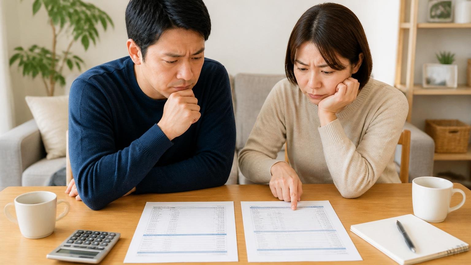 相見積もりを取るときの「同じ条件」の作り方 リビングで2社の見積書を並べて比較する夫婦2人 真剣な表情