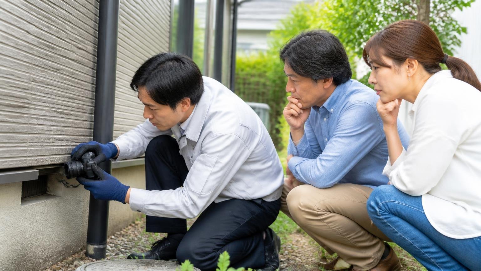 無料の現地調査は業者を測るテスト|家の外壁まわりで侵入口を写真撮影する作業員と住人2人