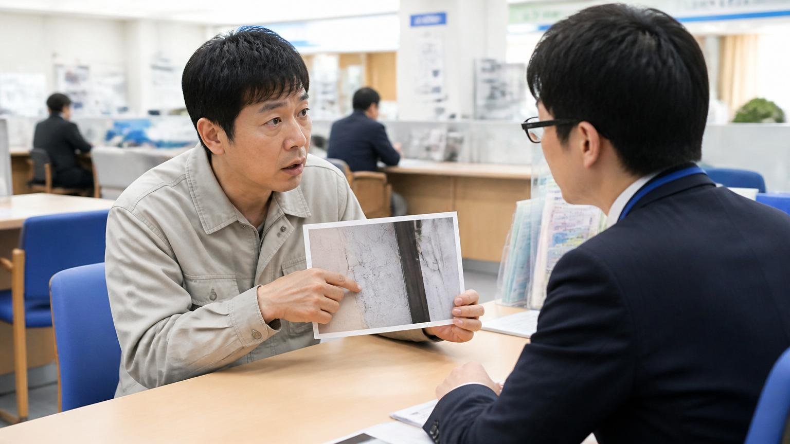 自治体の窓口に相談する場面。市役所のカウンターで職員に被害の写真を見せながら相談する住人の様子