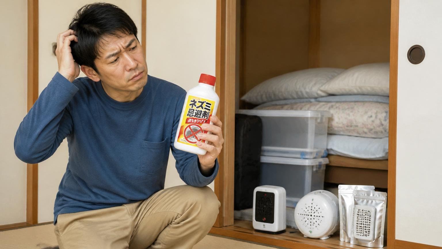 市販の忌避剤や超音波グッズの効果を考える場面。住宅の押し入れ前で住人1人がホームセンターの忌避剤を手に持ち首をかしげる