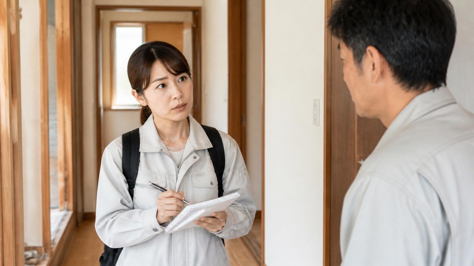 現地調査の当日に業者へ質問する場面。木造戸建ての廊下でメモを手に質問する女性1人が真剣な表情