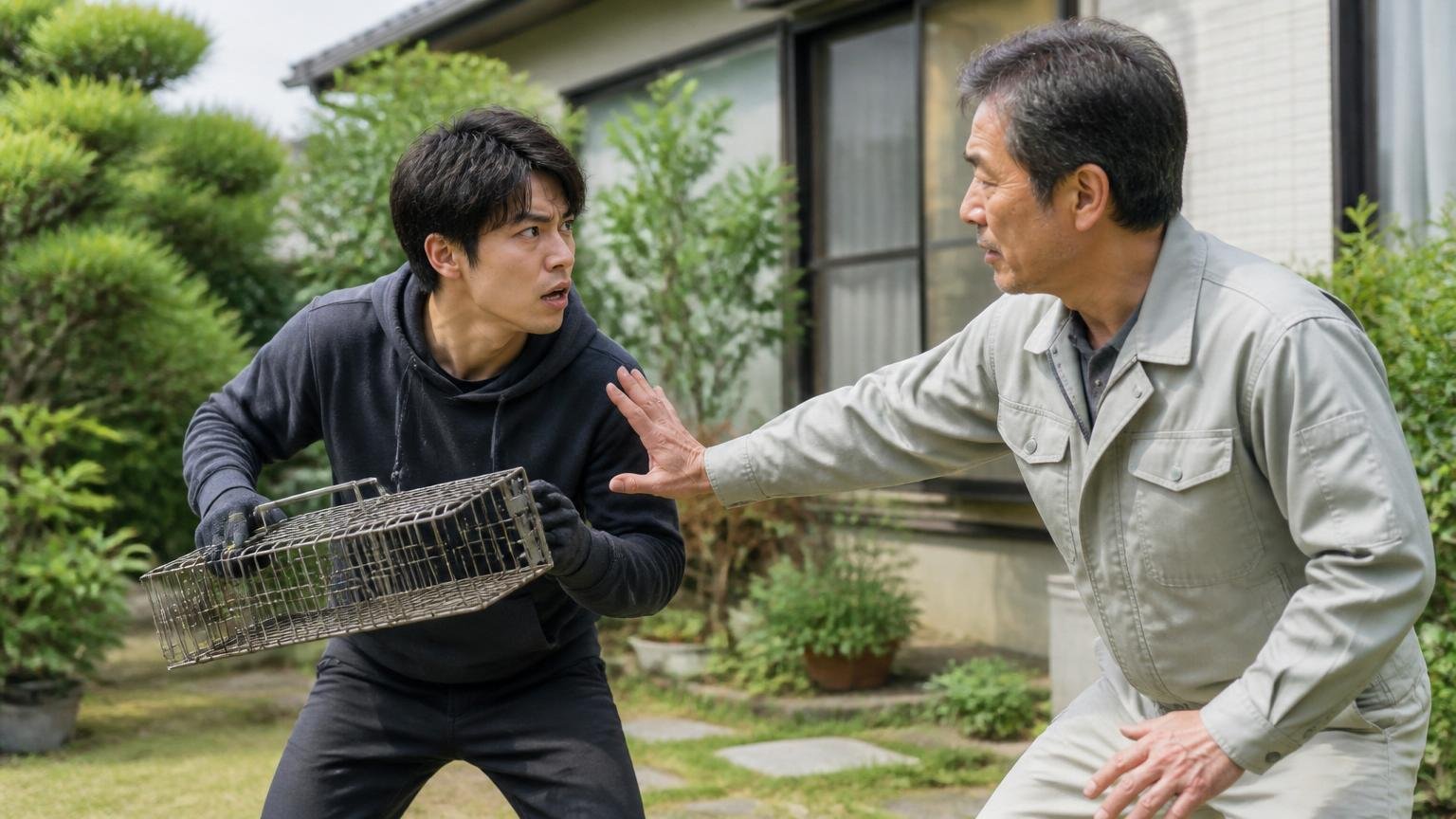 自力で捕まえようとして止められる場面。戸建ての庭でわなを手にした20代男性を、手で制する年上の男性