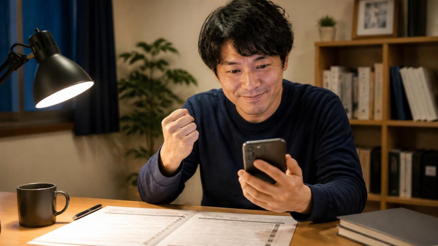 見積書の専門用語を調べる場面。夜の自宅の机で書類とスマホを並べる男性1人が納得した表情