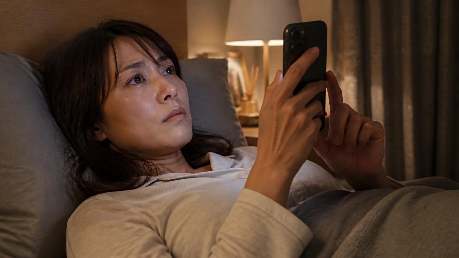 被害の記録をつける場面。夜の寝室で天井を見上げながらスマホにメモを打ち込む30代女性が真剣な表情