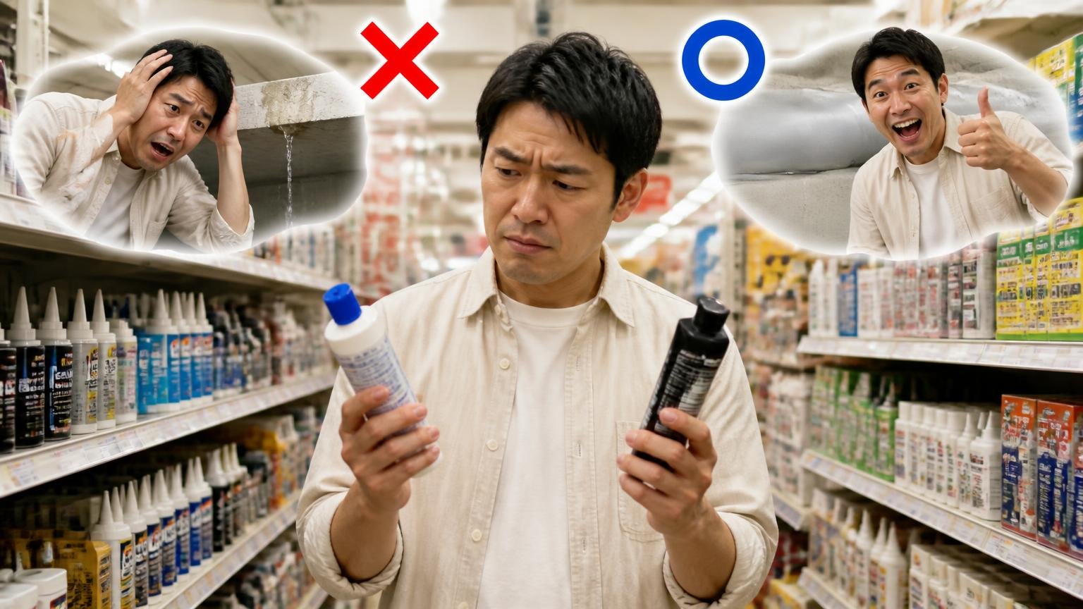 市販グッズが効く場面と効かない場面。ホームセンターの売り場で商品を選ぶ男性