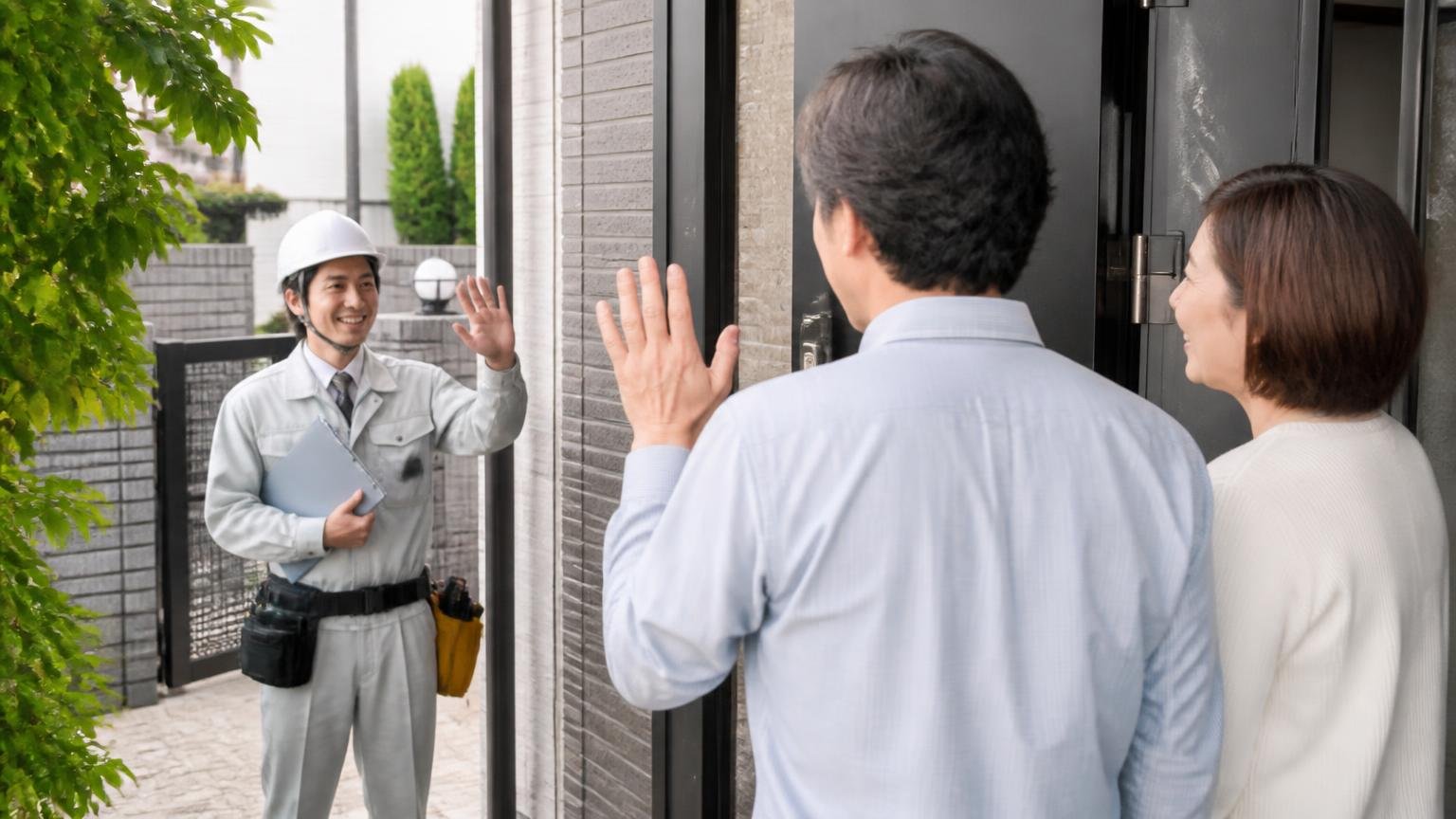 準備③調査を受けることと契約することを切り離す 玄関先で住人2人が作業員を見送りながら話し合う