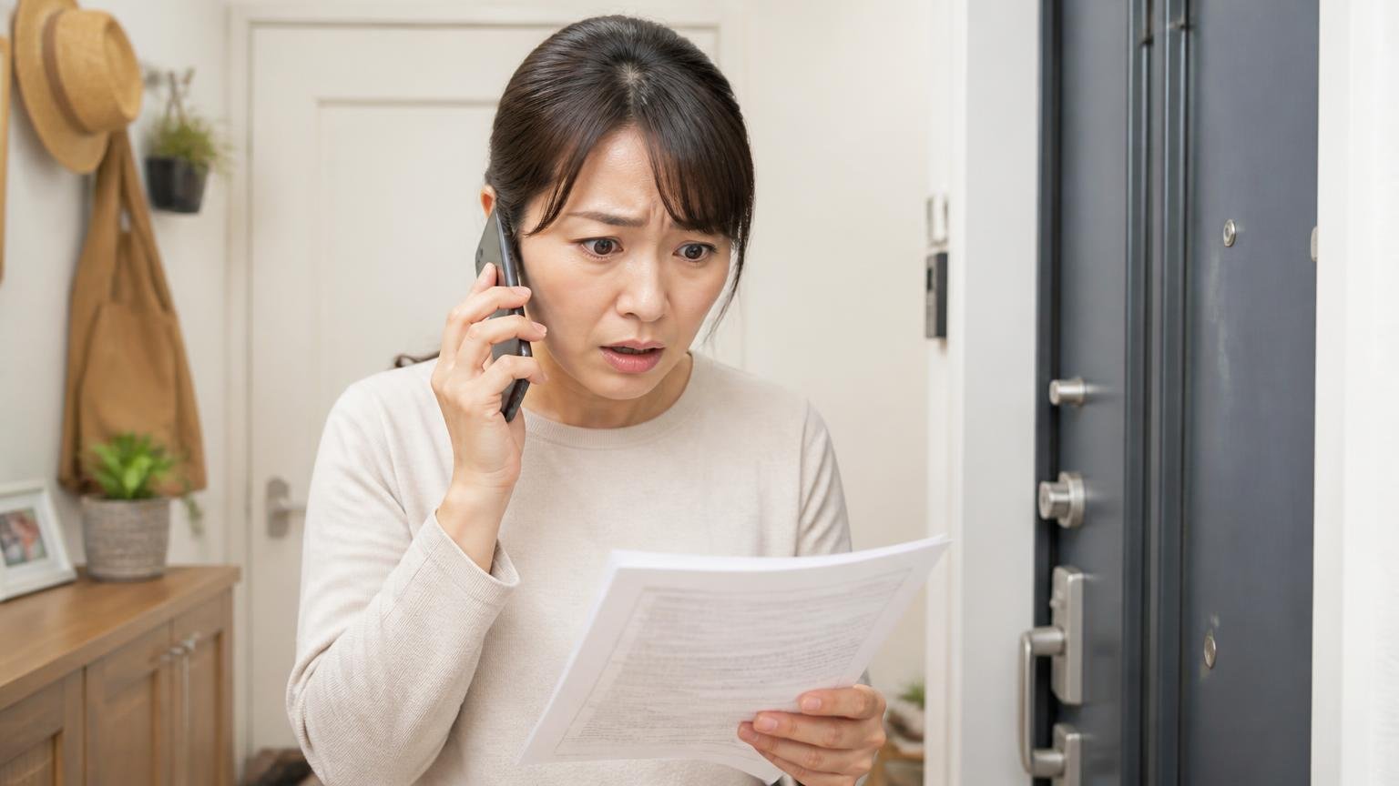契約後におかしいと思ったときの逃げ道を知る。自宅の玄関で女性1人が契約書を手に持ち電話をかけようとする