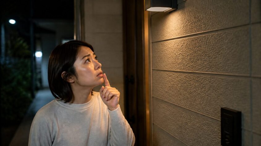 ヤモリかを確かめる確認ポイント。夜の玄関前で女性1人が照明まわりの壁を見上げ確認する表情