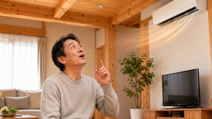 家鳴りの正体。木造戸建てのリビングで暖房をつけた直後に天井を見上げる50代男性1人が納得の表情