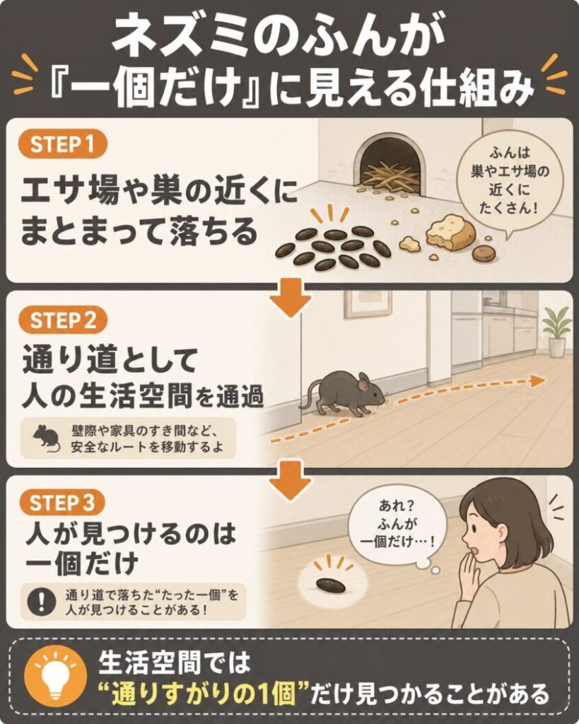 【ステップ作成】ふんが「一個だけ」に見える仕組み:エサ場や巣の近くにまとまって落ちる→通り道として人の生活空間を通過→人が見つけるのは一個だけ