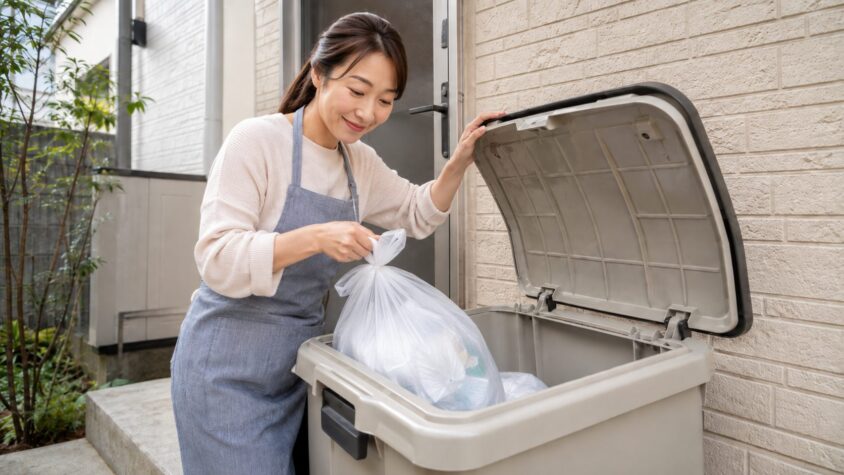 ごみ収集日までの保管方法、戸建ての勝手口の外、二重の袋を密閉容器に入れる女性1人、ほっとした表情