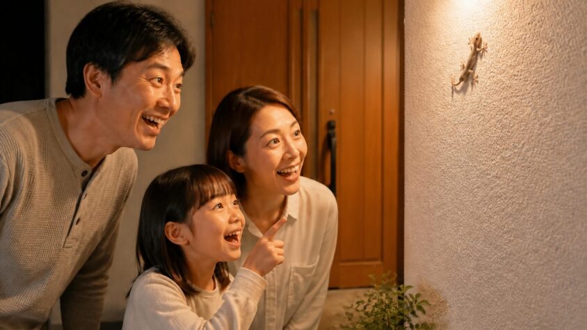 ヤモリは家を守る家守。夜の住宅の玄関前で家族3人が壁のヤモリを見て笑顔になる場面