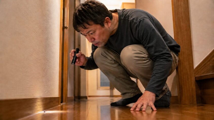 移動の途中にたまたま落ちた通り道|木造戸建ての廊下の隅にしゃがみかなり弱い光の懐中電灯で床際を照らす男性1人、背景の明かりは明るい