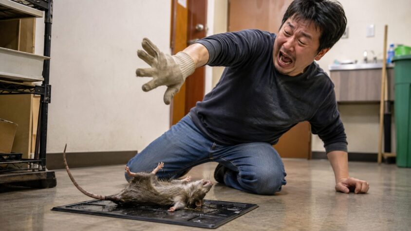 素手や軍手でネズミ粘着シートで暴れるネズミを押さえるのはNG、軍手をした手を引っ込める男性1人、痛がる大きな表情